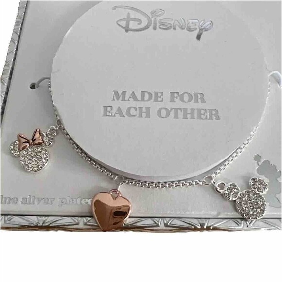Disney Minnie Mickey Mouse Made For Each Other Pendant Fine Silver Bracelet - Picture 3 of 9